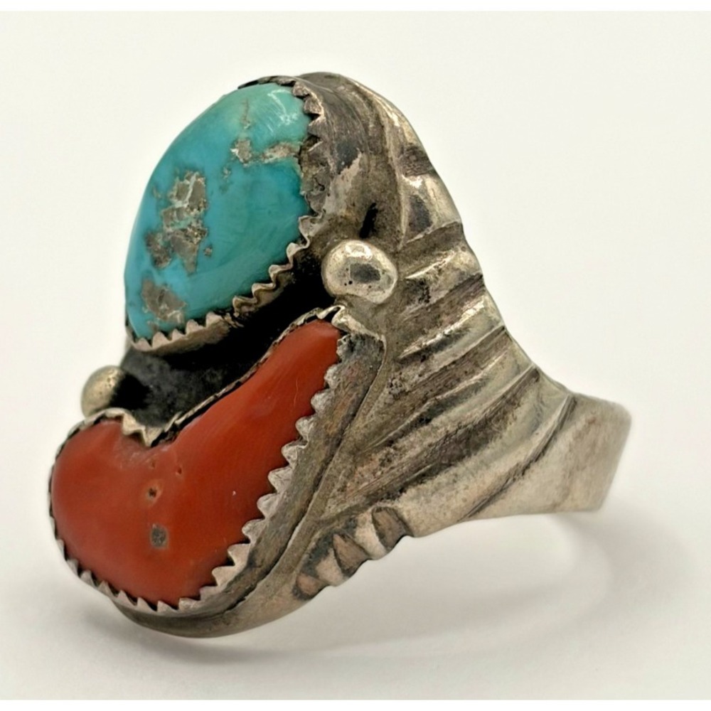Vintage Ray Fierro Navajo Sterling Silver Turquoise Coral Ring - Picture 1 of 8